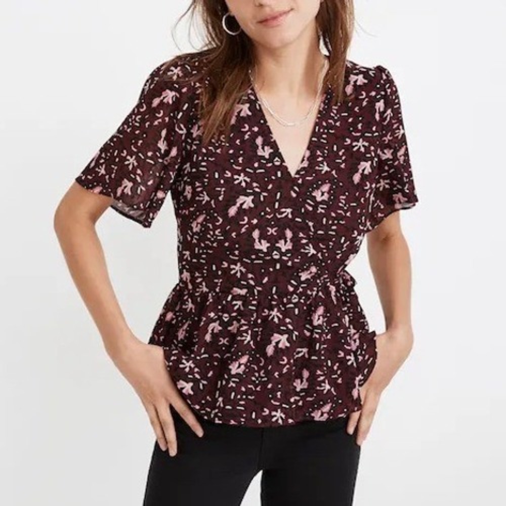 Madewell Women's Georgette Flutter Sleeve Peplum Pretty Paisley Dark Fig Medium